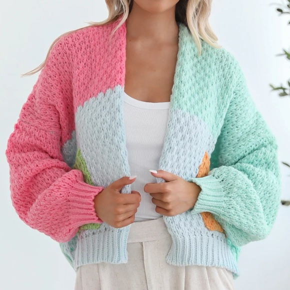 Colorful Knit Women's Sweater Colorblock Cardigan - Picture 1 of 5